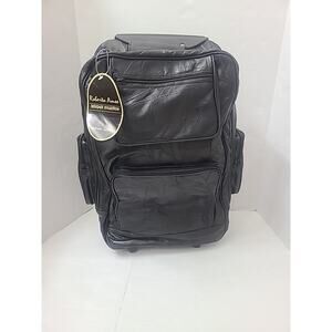 Vintage NEW Genuine Black Leather Luggage Rolling Suitcase Backpack TSA Apprvd